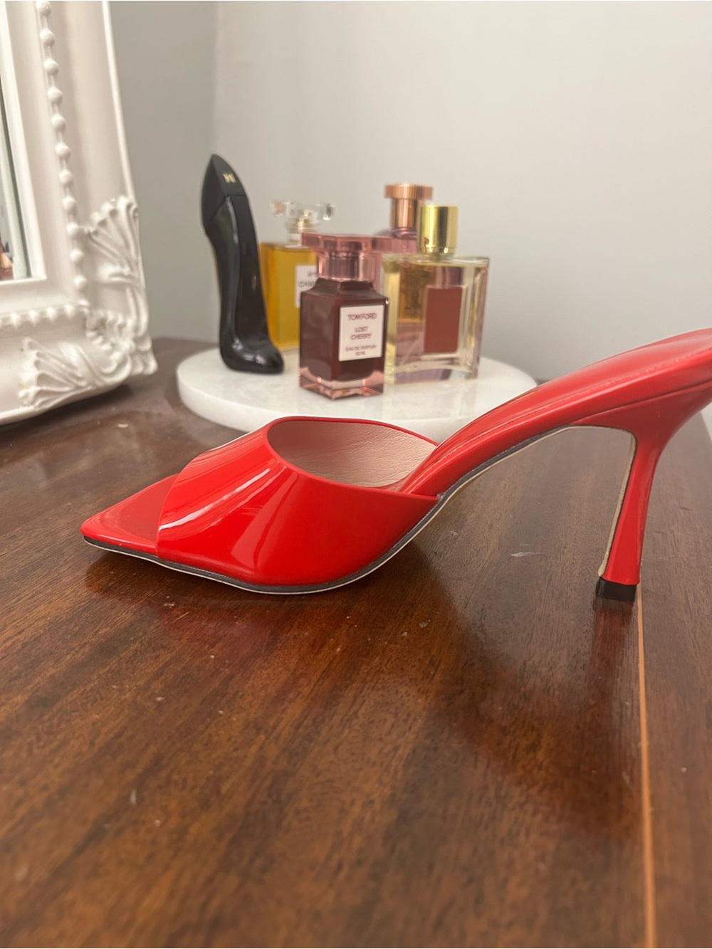 Red Patent Open-Toe High Heel Mule